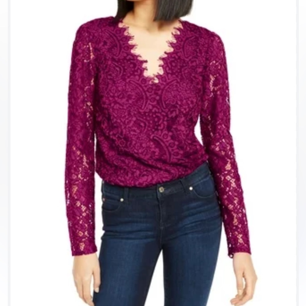 LEYDEN Lace Body‎ Suit Top Romantic Magenta Pink Snap closure long sleeve V-Neck